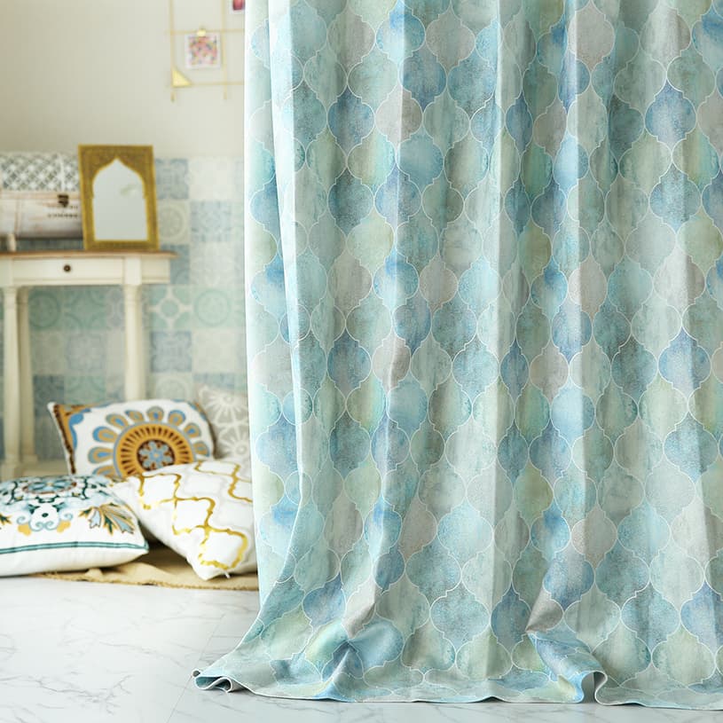 カーテン モロッカンタイルを窓一面に アートのようなオリジナル 非遮光カーテン エッサウィラ 代引き不可 1cm刻みのカーテン パーフェクトスペースカーテン館