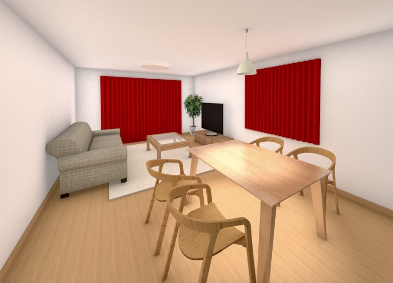 赤いカーテンの部屋