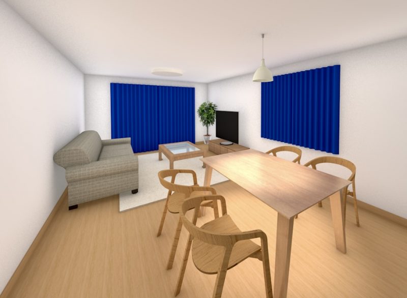 ブルーのカーテンの部屋