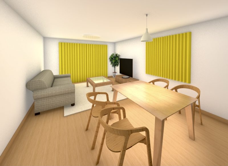 黄色いカーテンの部屋